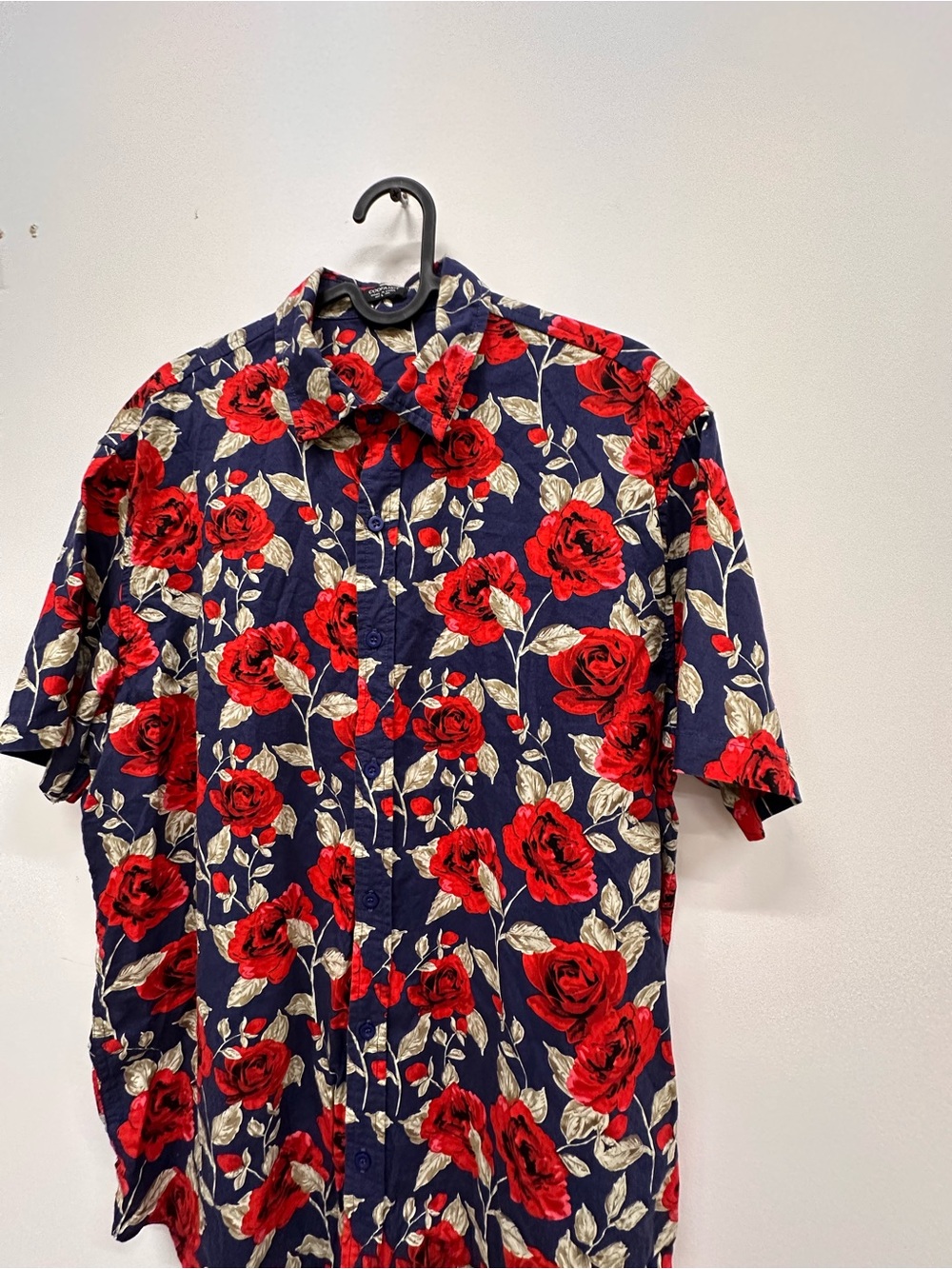 Coolibar Navy Short-Sleeve Button-Down with Red Rose Print